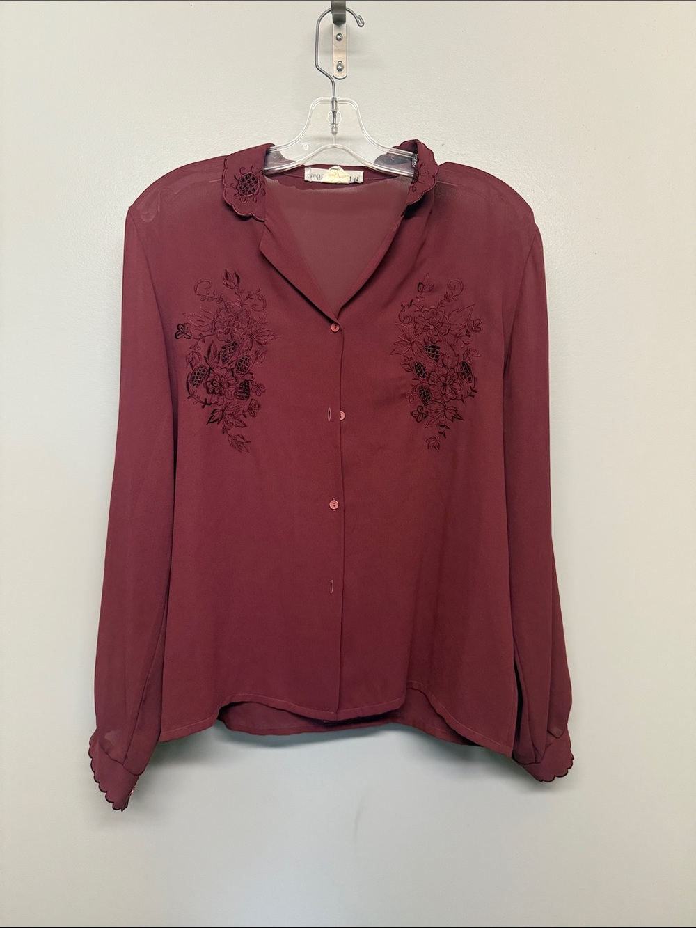 Vintage Embroidered Button Front Burgundy Blouse